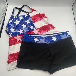 Women's Strappy Tankini Top & Swim Shorts American Flag Size M Medium Red Black